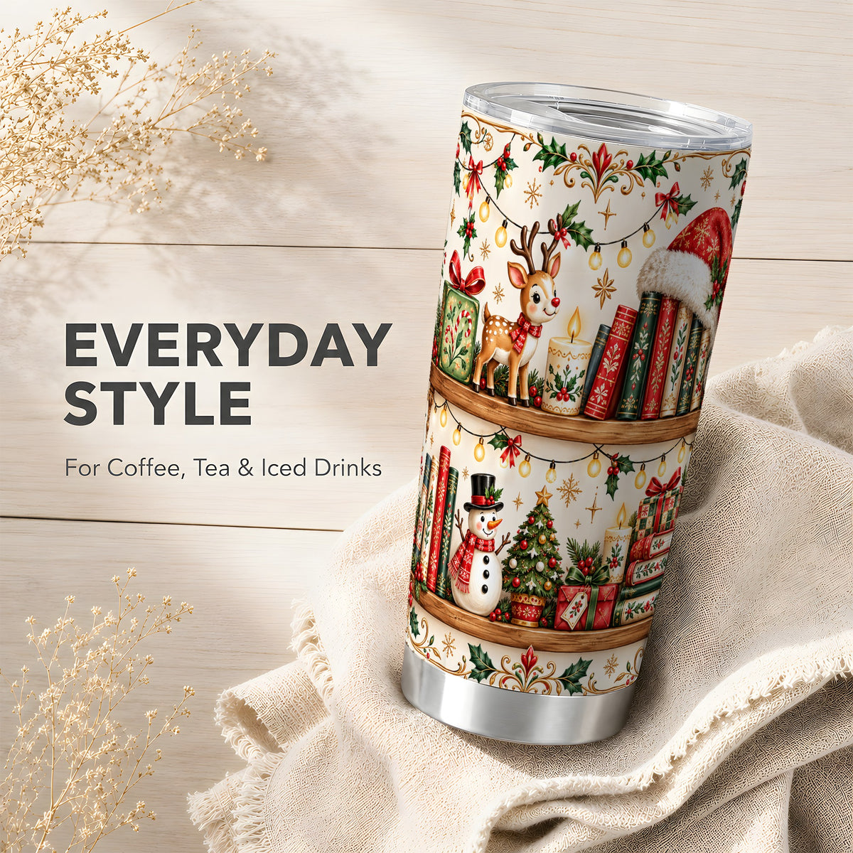Christmas Books Tumbler 20oz, Winter Tumbler, Stainless Steel Travel Cup