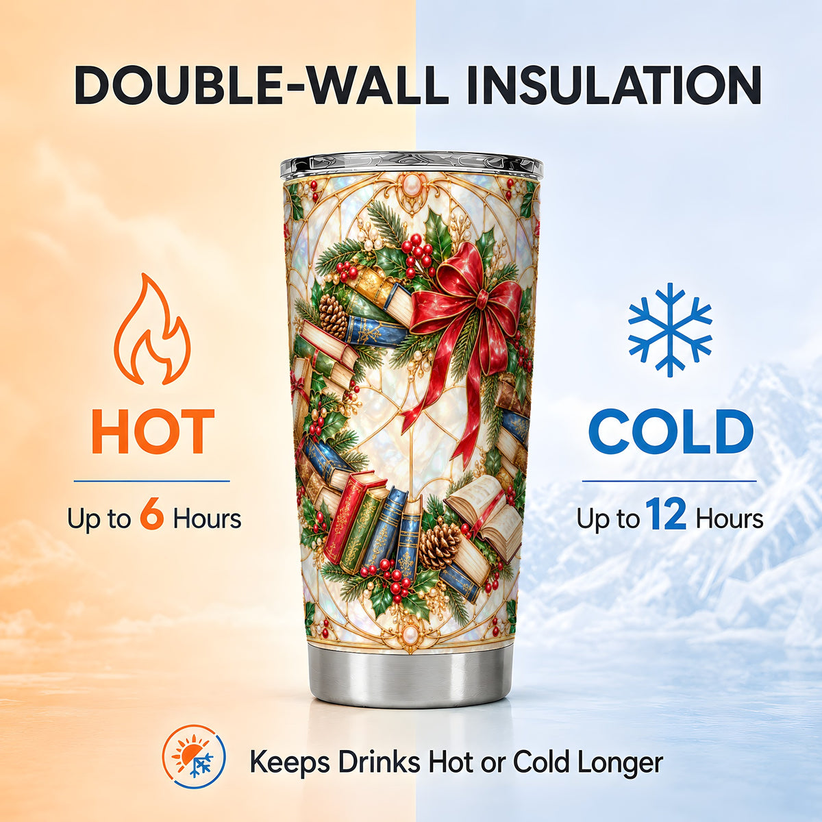 Christmas Wreath Tumbler 20oz, Reader Tumbler, Stainless Steel Travel Cup
