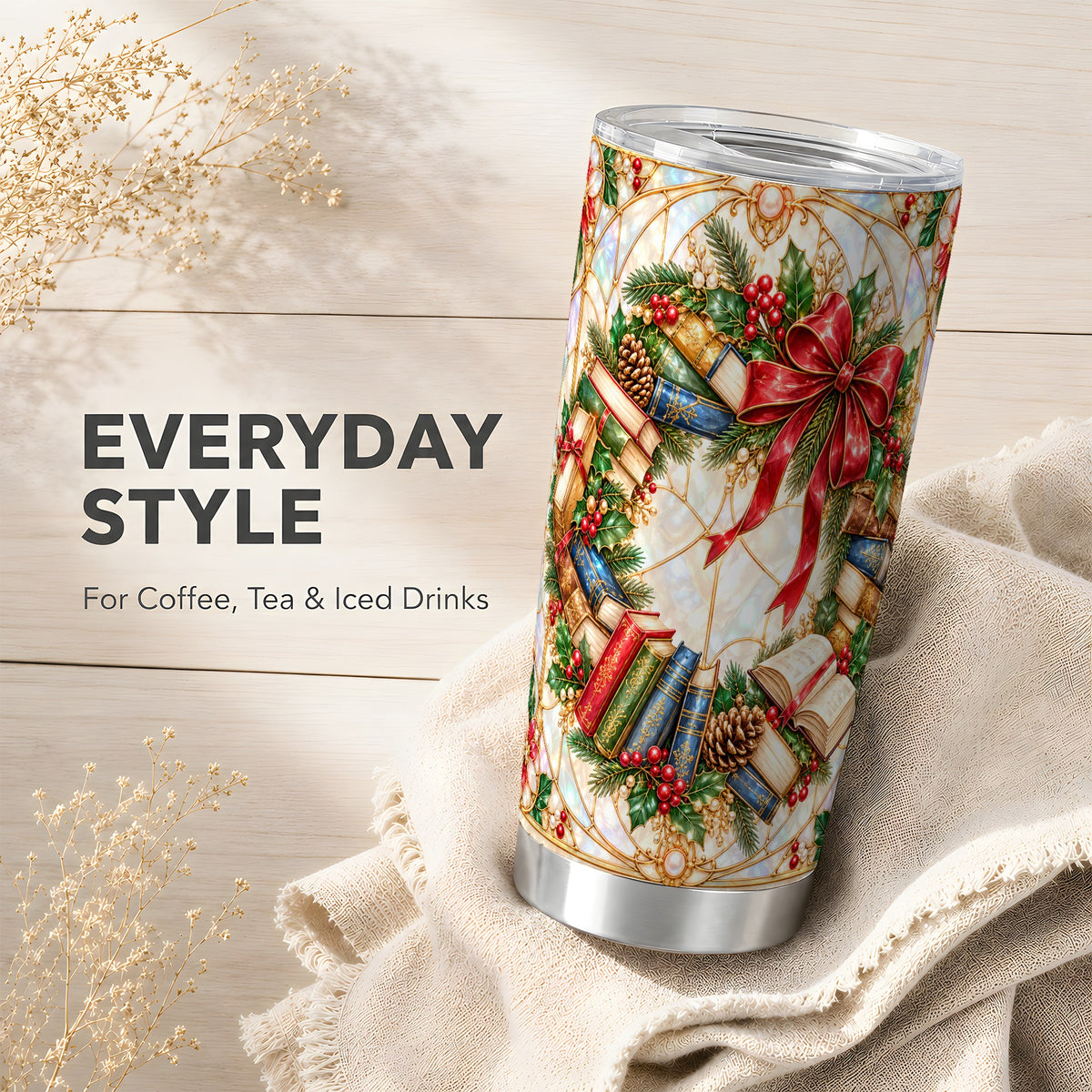 Christmas Wreath Tumbler 20oz, Reader Tumbler, Stainless Steel Travel Cup