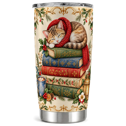 Christmas Cat Books Tumbler 20oz, Cozy Tumbler, Stainless Steel Travel Cup