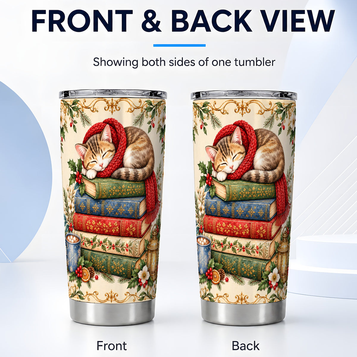 #pl[20oz|Steel] Christmas Cat Books Tumbler 20oz, Cozy Tumbler, Stainless Steel Travel Cup