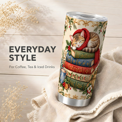 Christmas Cat Books Tumbler 20oz, Cozy Tumbler, Stainless Steel Travel Cup