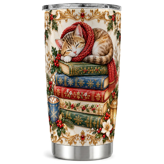 Cozy Christmas Cat Tumbler 20oz, Reader Tumbler, Stainless Steel Travel Cup