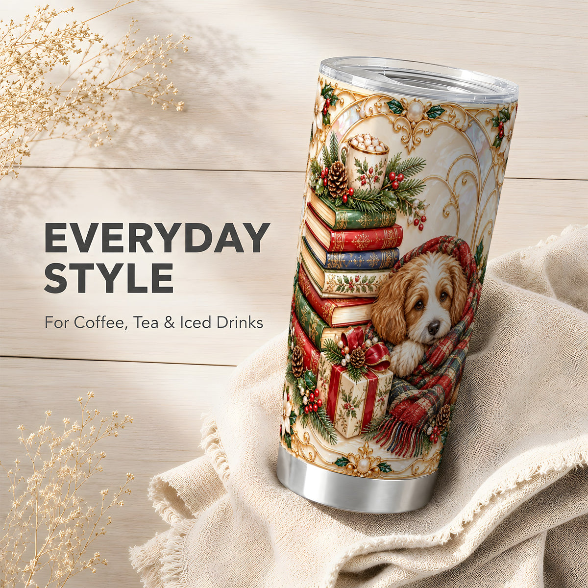 Christmas Dog Books Tumbler 20oz, Cozy Tumbler, Stainless Steel Travel Cup