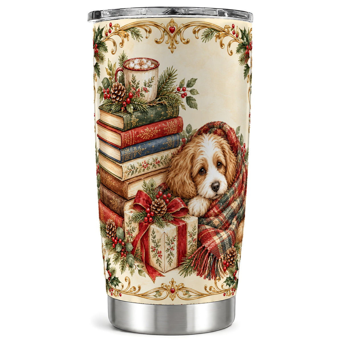 Christmas Dog Books Tumbler 20oz, Puppy Tumbler, Steel Travel Cup