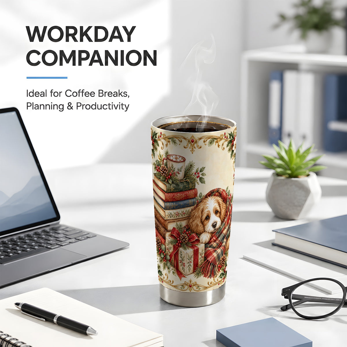 Christmas Dog Books Tumbler 20oz, Puppy Tumbler, Steel Travel Cup