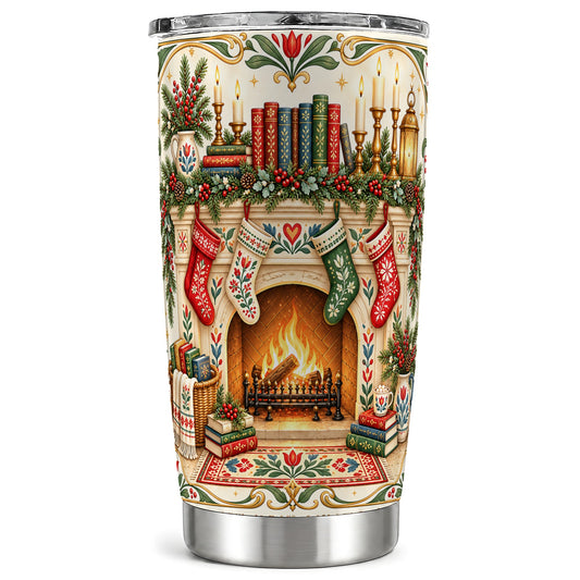 Christmas Hearth Tumbler 20oz, Reading Tumbler, Steel Travel Cup