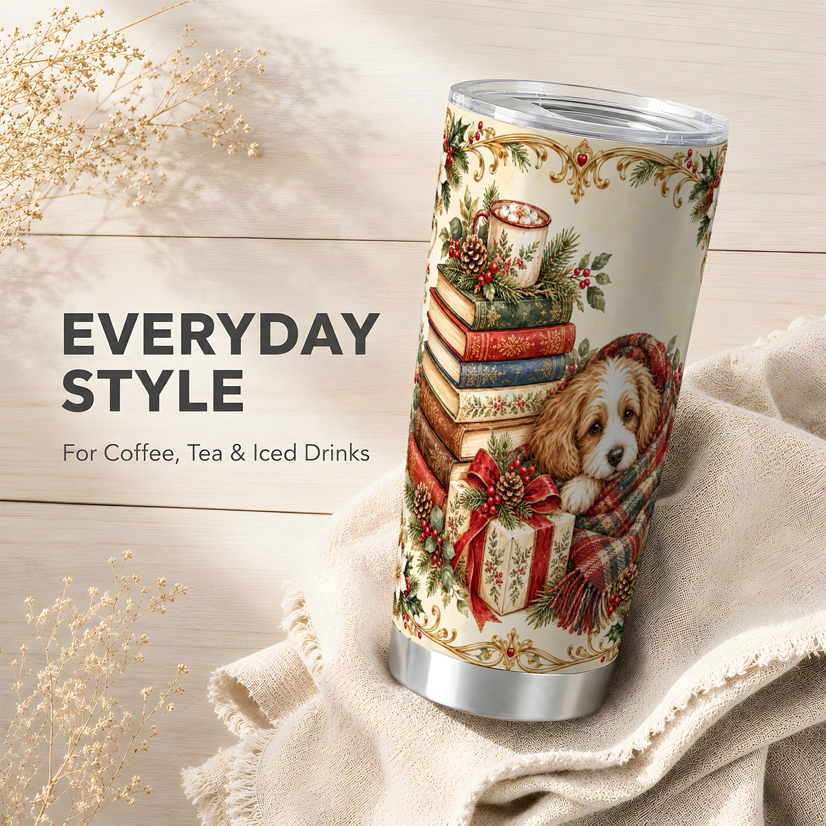 Christmas Dog Books Tumbler 20oz, Puppy Tumbler, Steel Travel Cup