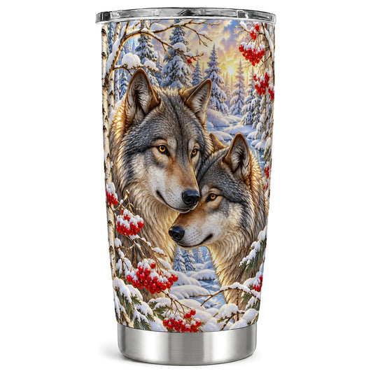 Winter Wolves Tumbler 20oz, Snow Forest Tumbler, Steel Travel Cup