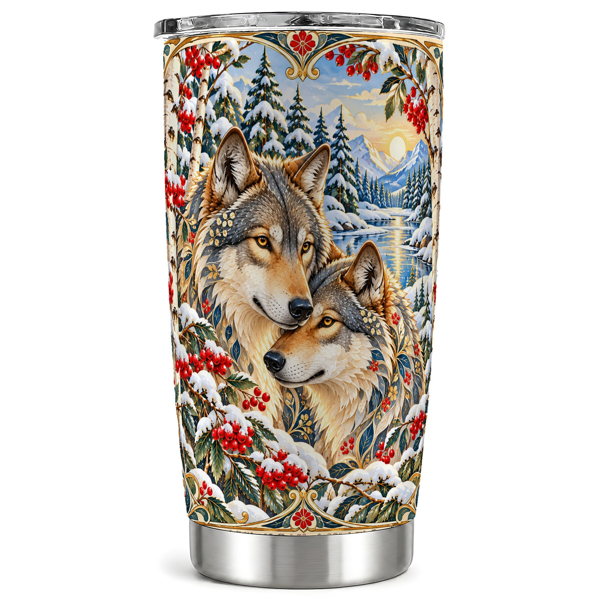 Winter Wolf Pair Tumbler 20oz, Wolf Tumbler, Steel Travel Cup