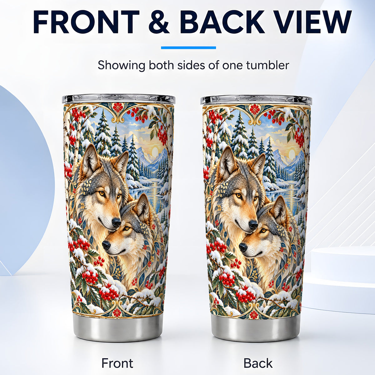 #pl[20oz|Steel] Winter Wolf Pair Tumbler 20oz, Wolf Tumbler, Steel Travel Cup