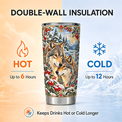 Winter Wolf Pair Tumbler 20oz, Wolf Tumbler, Steel Travel Cup