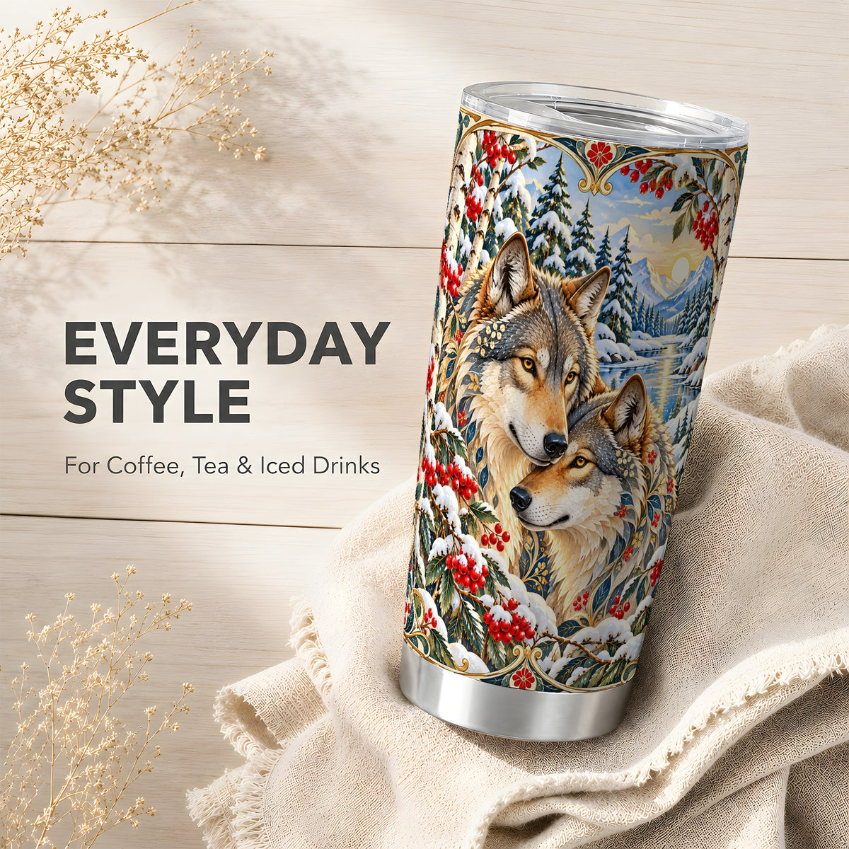 Winter Wolf Pair Tumbler 20oz, Wolf Tumbler, Steel Travel Cup