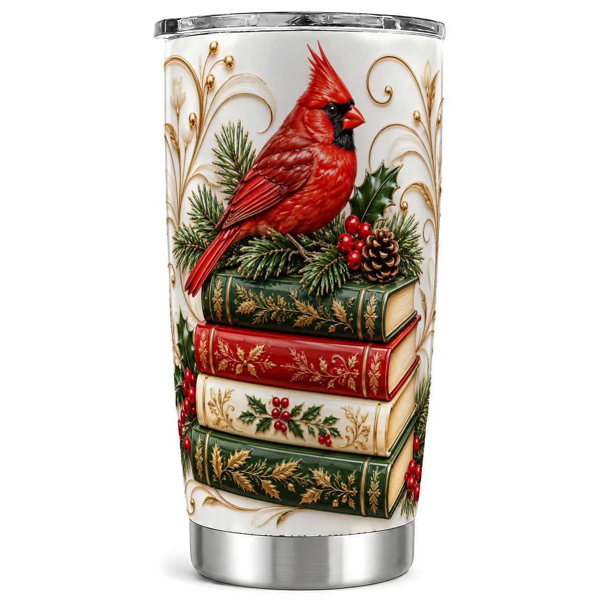 Cardinal Books Tumbler 20oz, Holiday Bird Tumbler, Steel Travel Cup