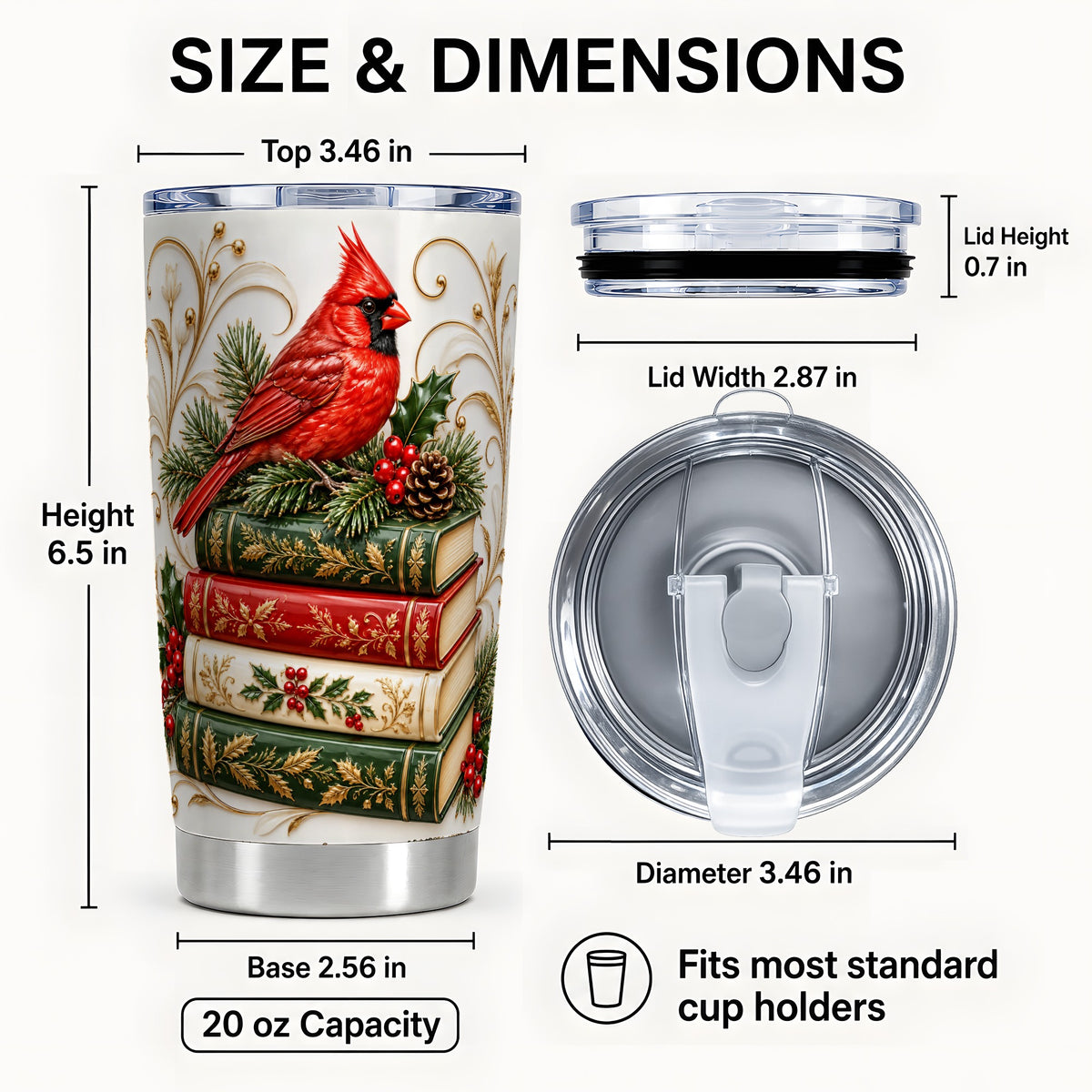 #pl[20oz|Steel] Cardinal Books Tumbler 20oz, Holiday Bird Tumbler, Steel Travel Cup