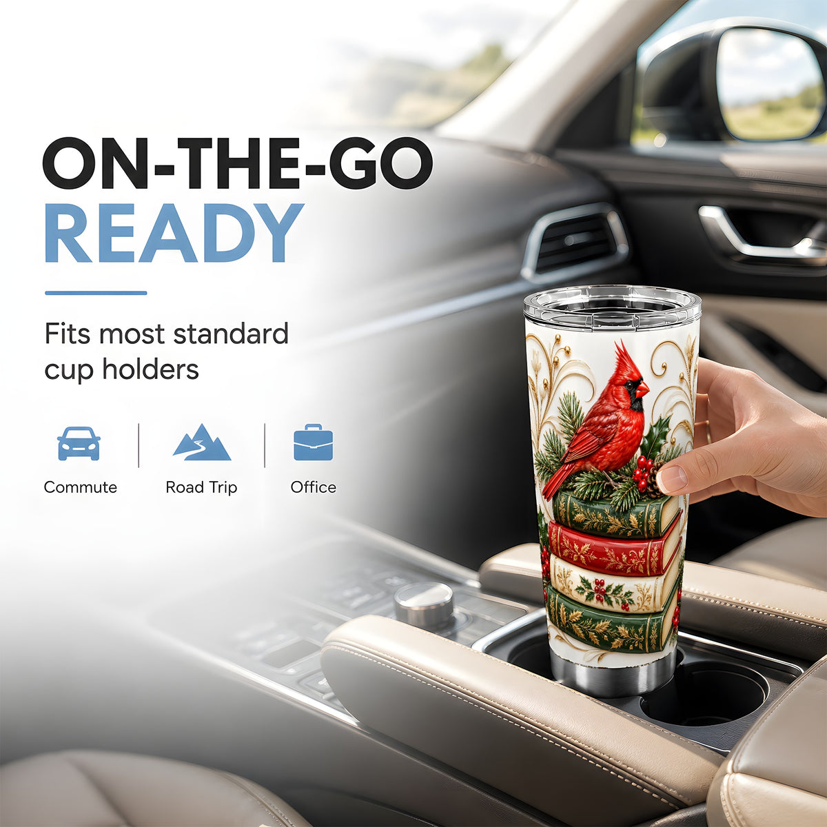 Cardinal Books Tumbler 20oz, Holiday Bird Tumbler, Steel Travel Cup