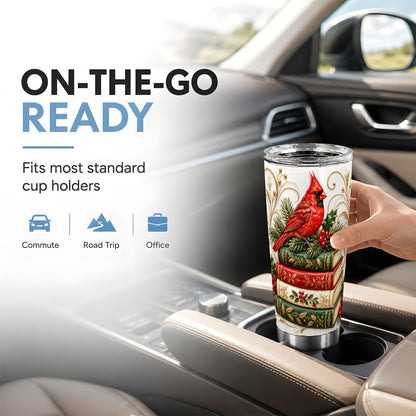 Cardinal Books Tumbler 20oz, Holiday Bird Tumbler, Steel Travel Cup