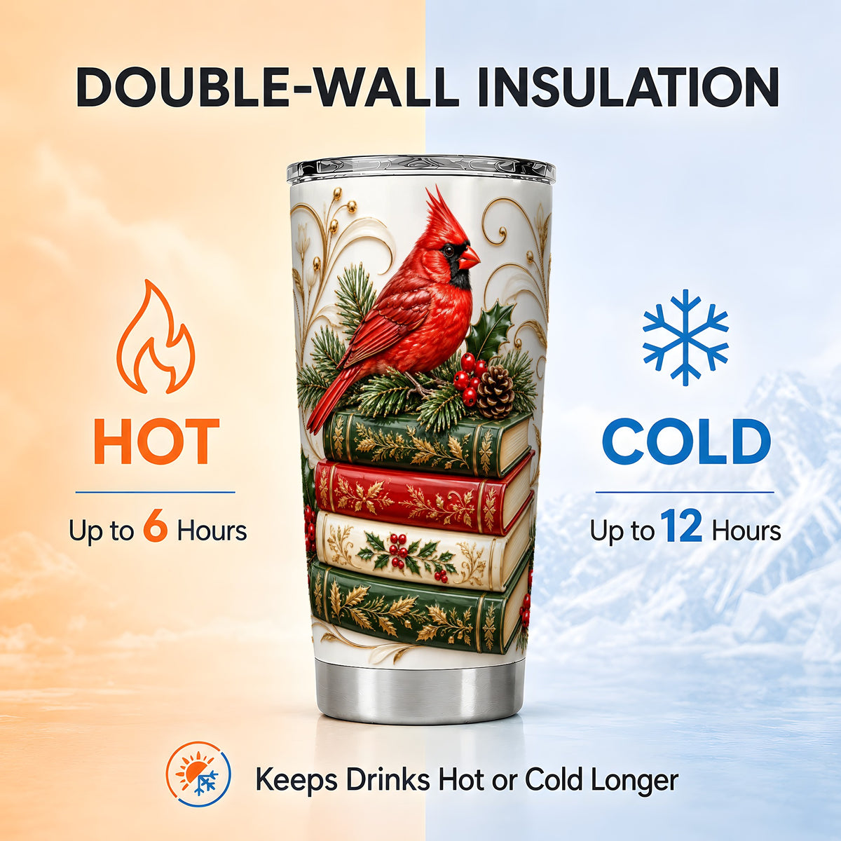 Cardinal Books Tumbler 20oz, Holiday Bird Tumbler, Steel Travel Cup