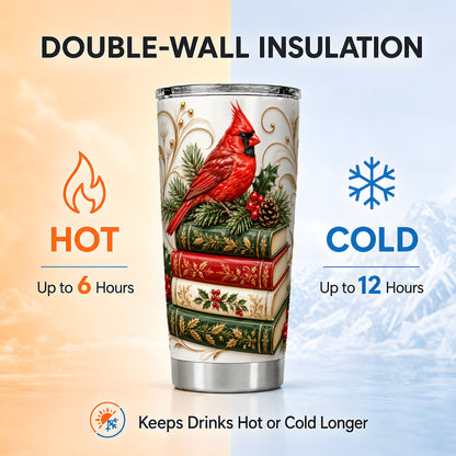 Cardinal Books Tumbler 20oz, Holiday Bird Tumbler, Steel Travel Cup