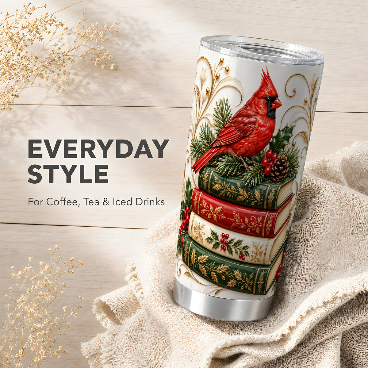 Cardinal Books Tumbler 20oz, Holiday Bird Tumbler, Steel Travel Cup