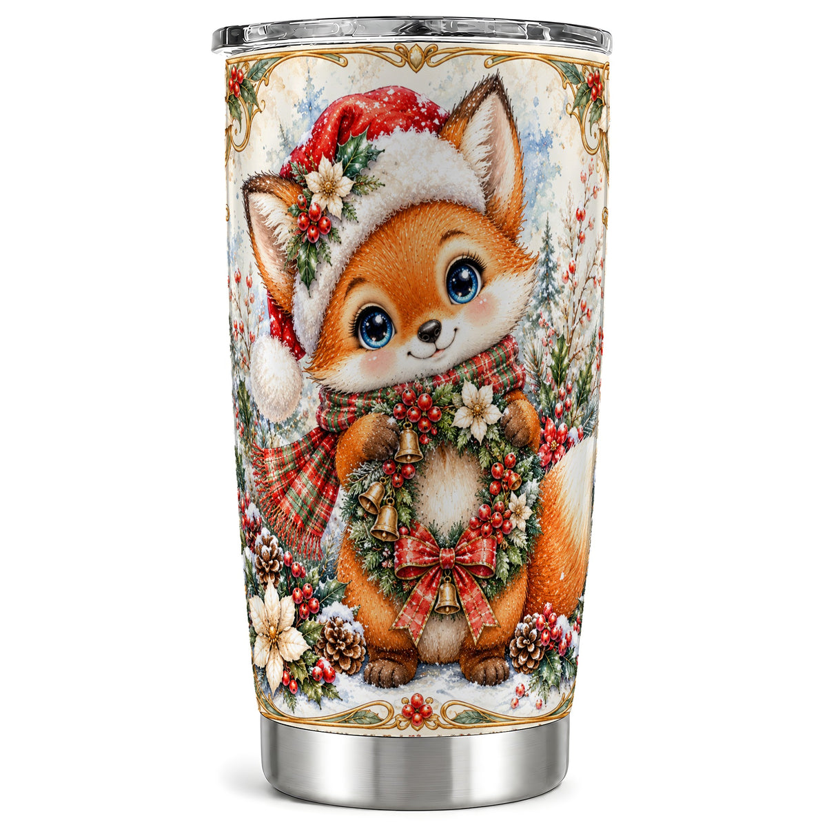 Fox Tumbler 20oz, Christmas Wreath Tumbler, Stainless Steel Travel Cup