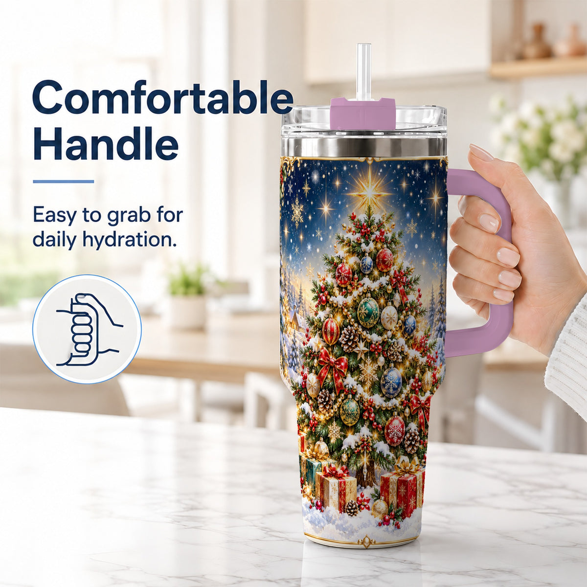 #pl[40oz|Pink] Snowy Tree Tumbler 40oz, Winter Tumbler, Stainless Steel Travel Cup