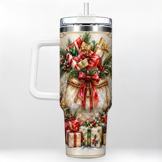 Present Bow Tumbler 40oz, Holiday Tumbler, Stainless Steel Travel Cup