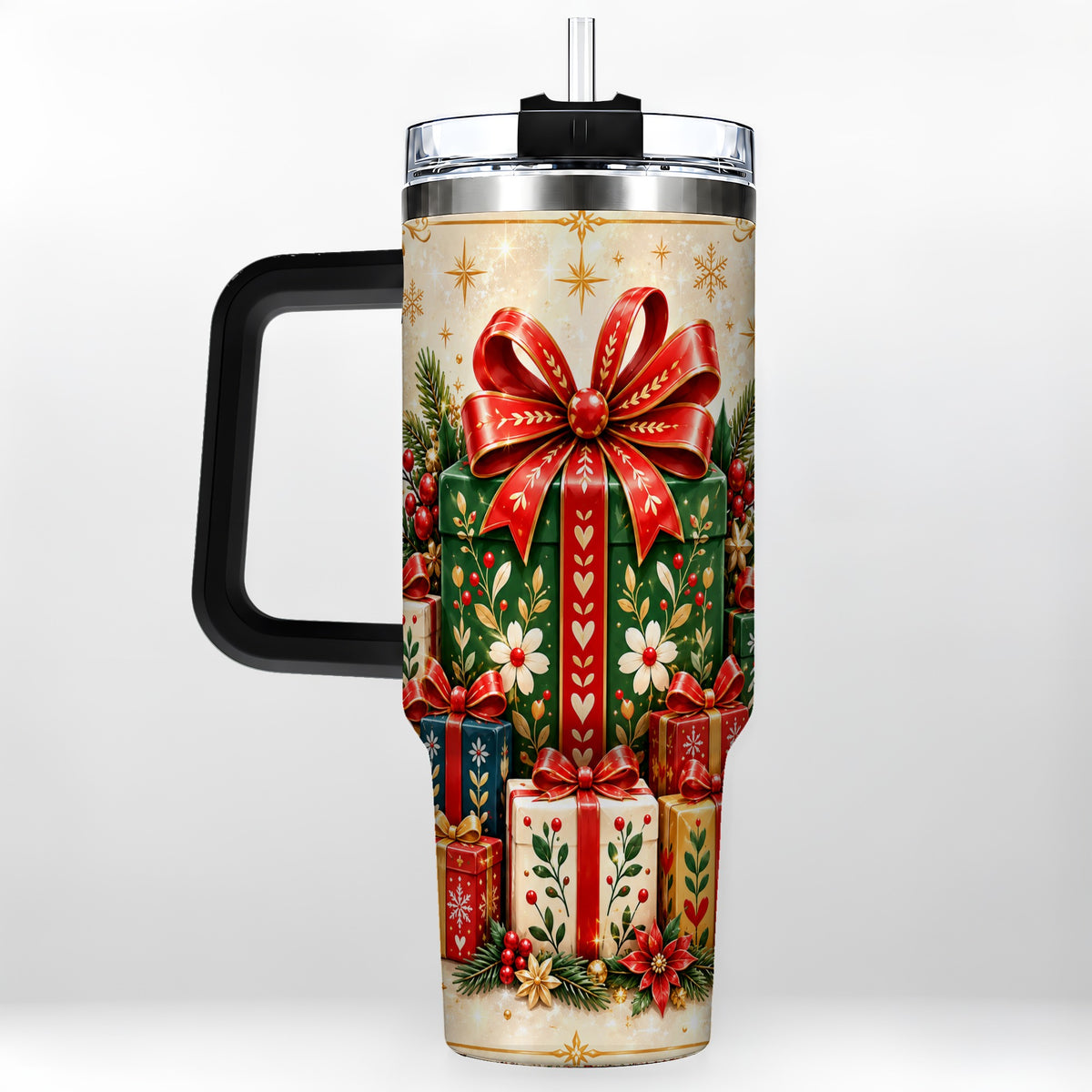 #pl[40oz|Black] Present Stack Tumbler 40oz, Holiday Tumbler, Stainless Steel Travel Cup