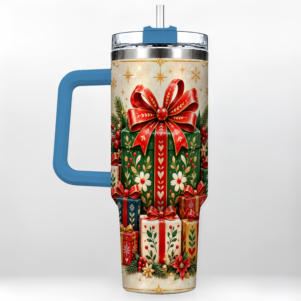 #pl[40oz|Blue] Present Stack Tumbler 40oz, Holiday Tumbler, Stainless Steel Travel Cup
