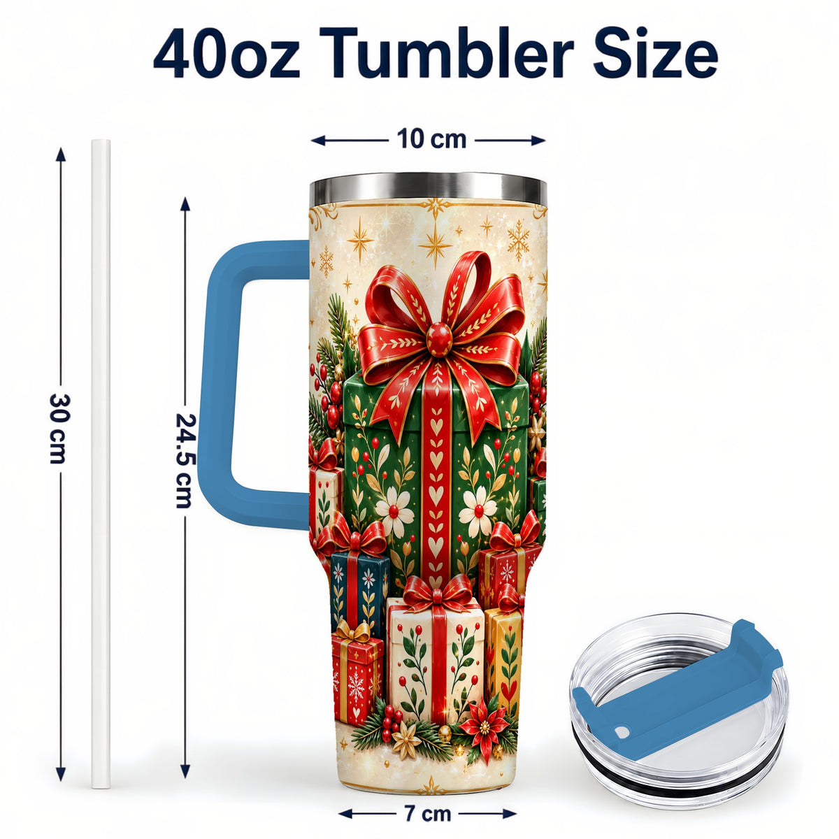 #pl[40oz|Blue] Present Stack Tumbler 40oz, Holiday Tumbler, Stainless Steel Travel Cup