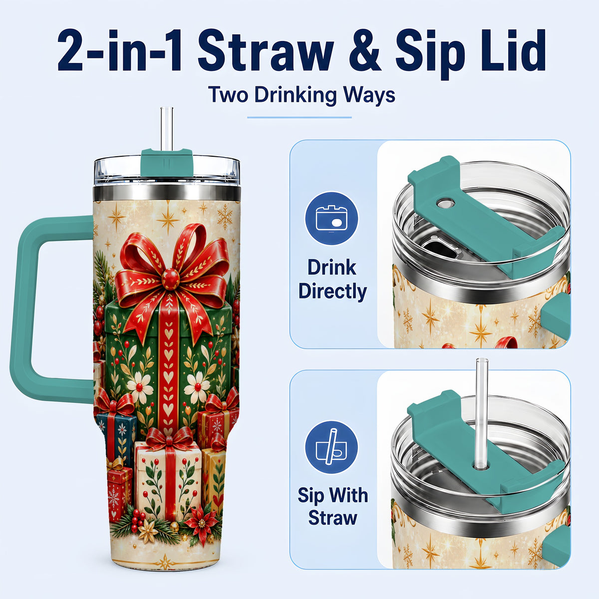 #pl[40oz|Green] Present Stack Tumbler 40oz, Holiday Tumbler, Stainless Steel Travel Cup