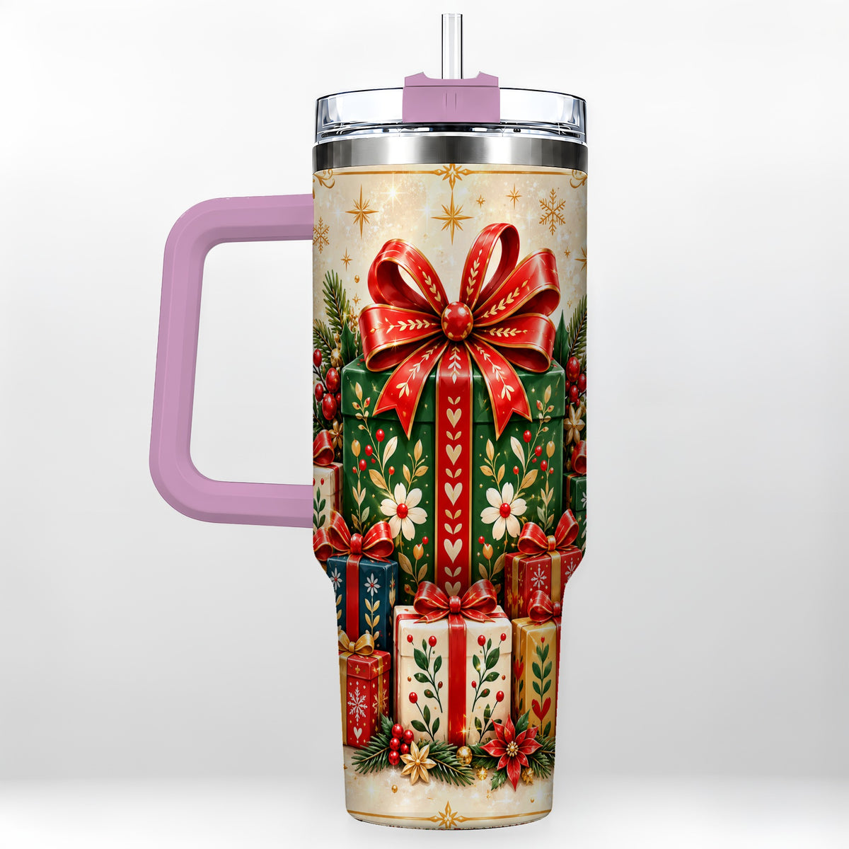 #pl[40oz|Pink] Present Stack Tumbler 40oz, Holiday Tumbler, Stainless Steel Travel Cup