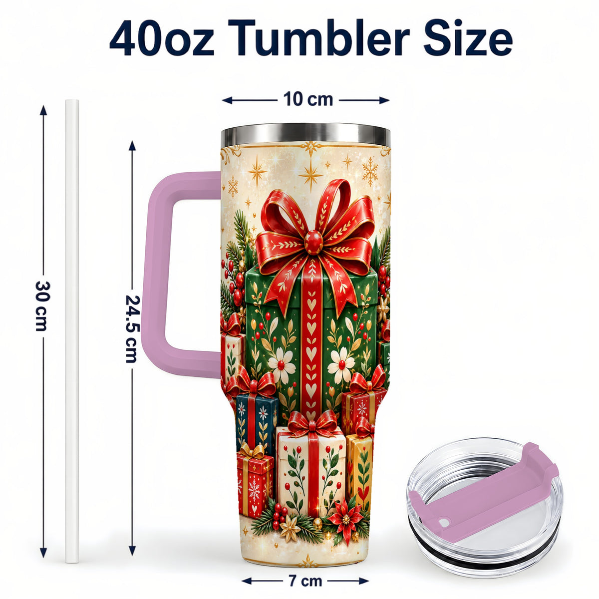 #pl[40oz|Pink] Present Stack Tumbler 40oz, Holiday Tumbler, Stainless Steel Travel Cup