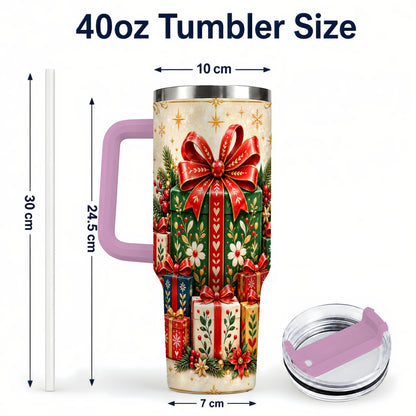 #pl[40oz|Pink] Present Stack Tumbler 40oz, Holiday Tumbler, Stainless Steel Travel Cup