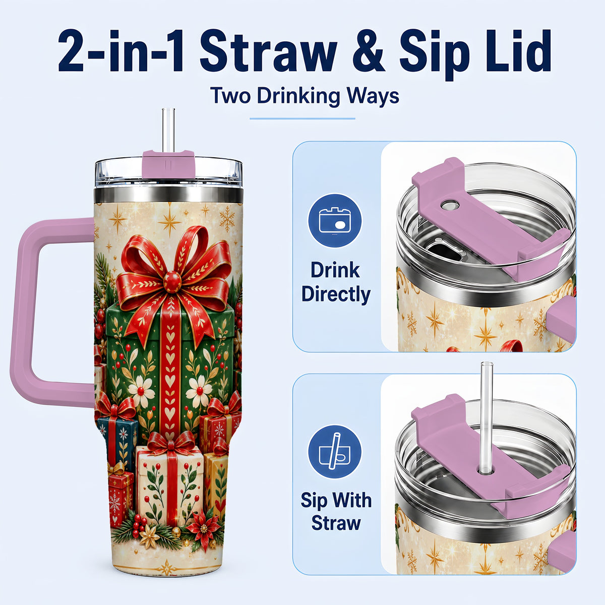#pl[40oz|Pink] Present Stack Tumbler 40oz, Holiday Tumbler, Stainless Steel Travel Cup