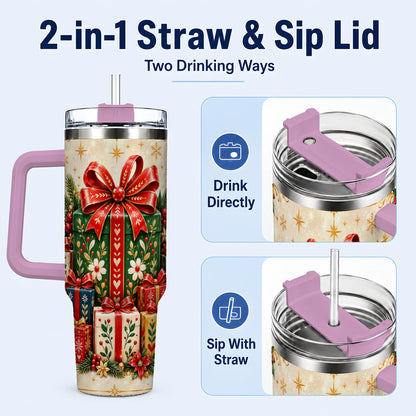 #pl[40oz|Pink] Present Stack Tumbler 40oz, Holiday Tumbler, Stainless Steel Travel Cup