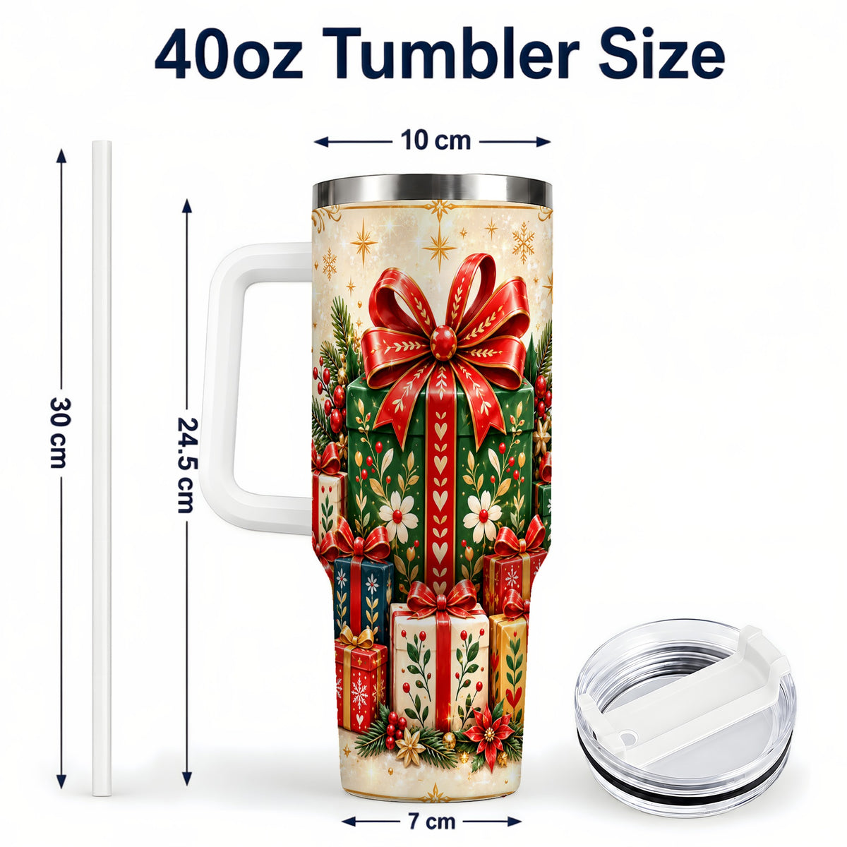 #pl[40oz|White] Present Stack Tumbler 40oz, Holiday Tumbler, Stainless Steel Travel Cup