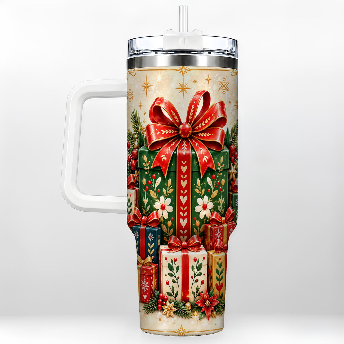 Present Stack Tumbler 40oz, Holiday Tumbler, Stainless Steel Travel Cup