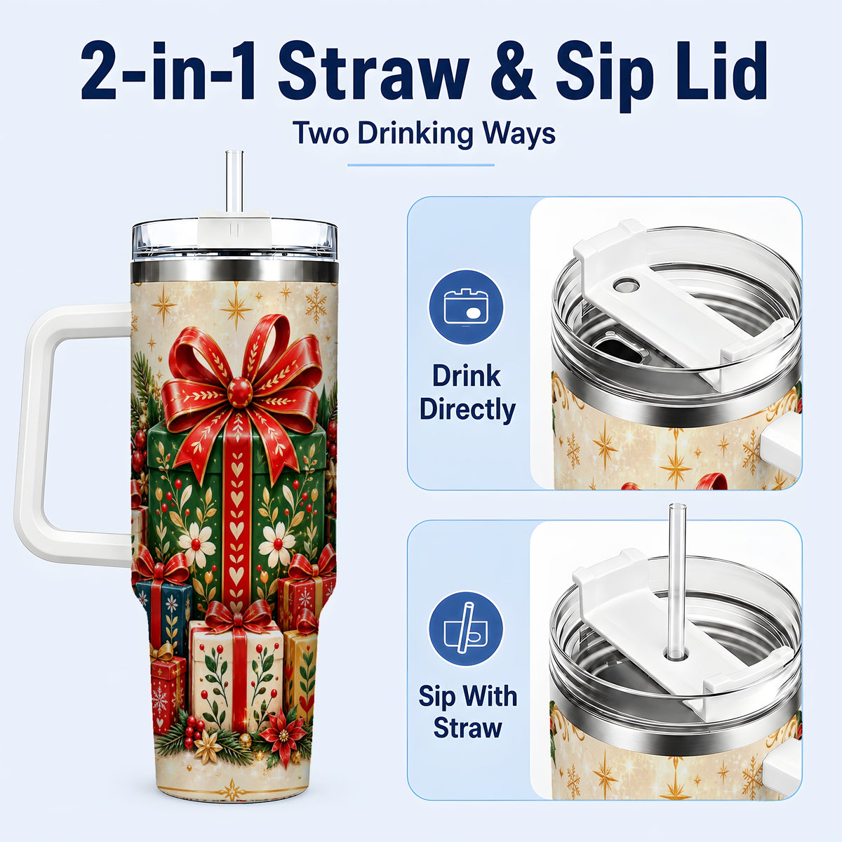 #pl[40oz|White] Present Stack Tumbler 40oz, Holiday Tumbler, Stainless Steel Travel Cup