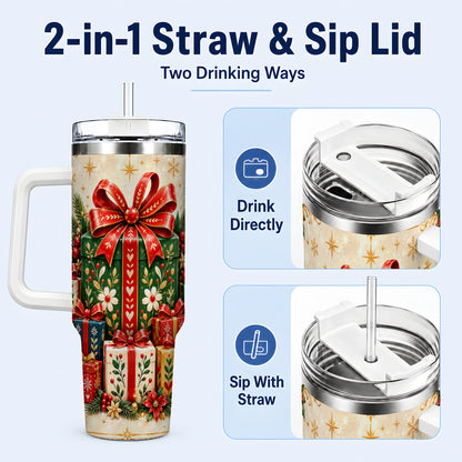#pl[40oz|White] Present Stack Tumbler 40oz, Holiday Tumbler, Stainless Steel Travel Cup