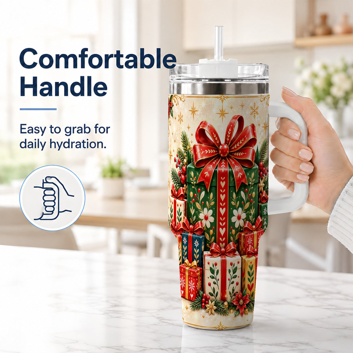 #pl[40oz|White] Present Stack Tumbler 40oz, Holiday Tumbler, Stainless Steel Travel Cup
