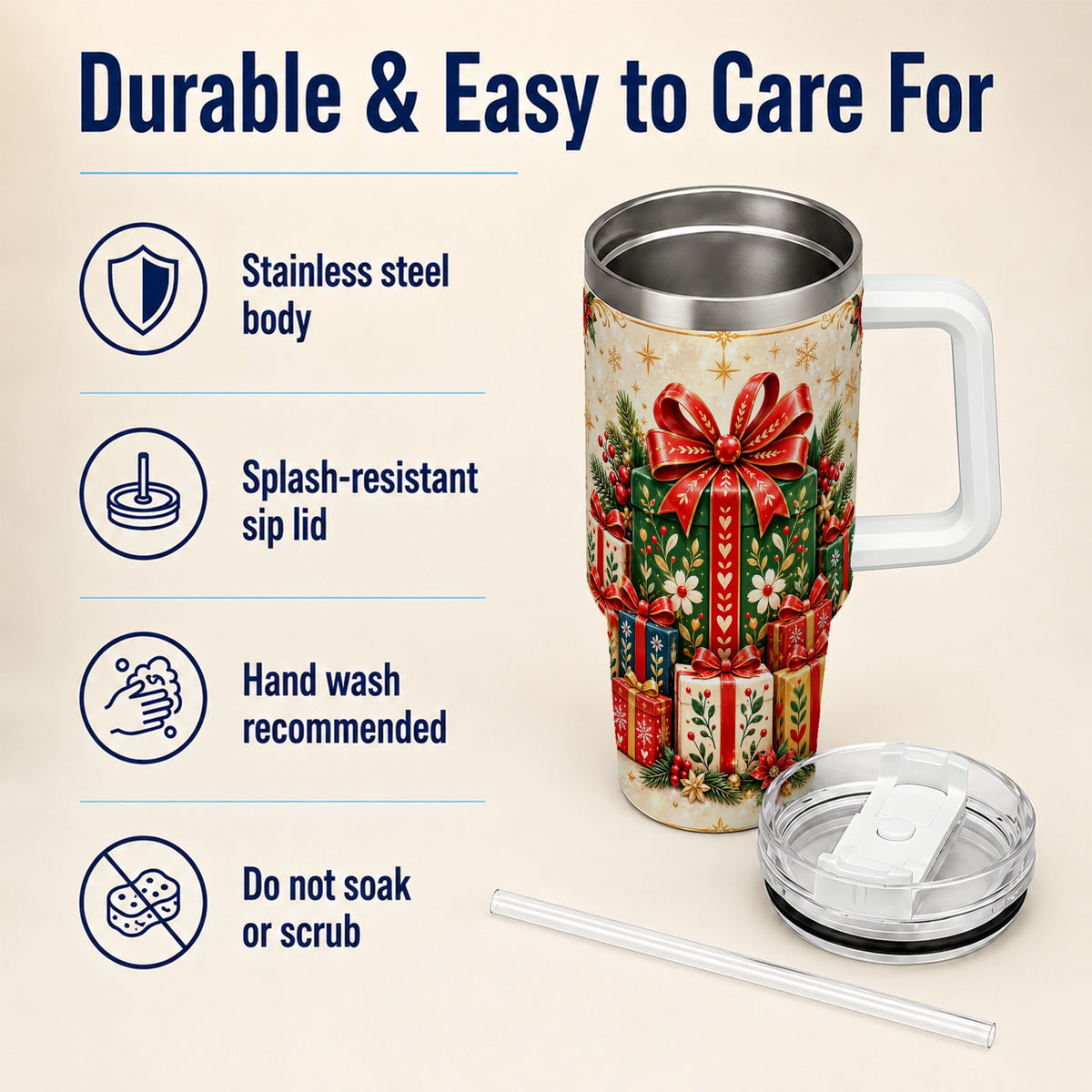 Present Stack Tumbler 40oz, Holiday Tumbler, Stainless Steel Travel Cup