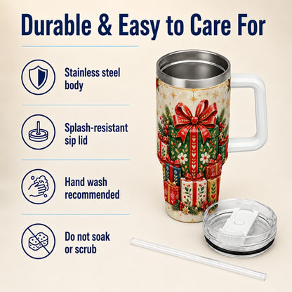 Present Stack Tumbler 40oz, Holiday Tumbler, Stainless Steel Travel Cup