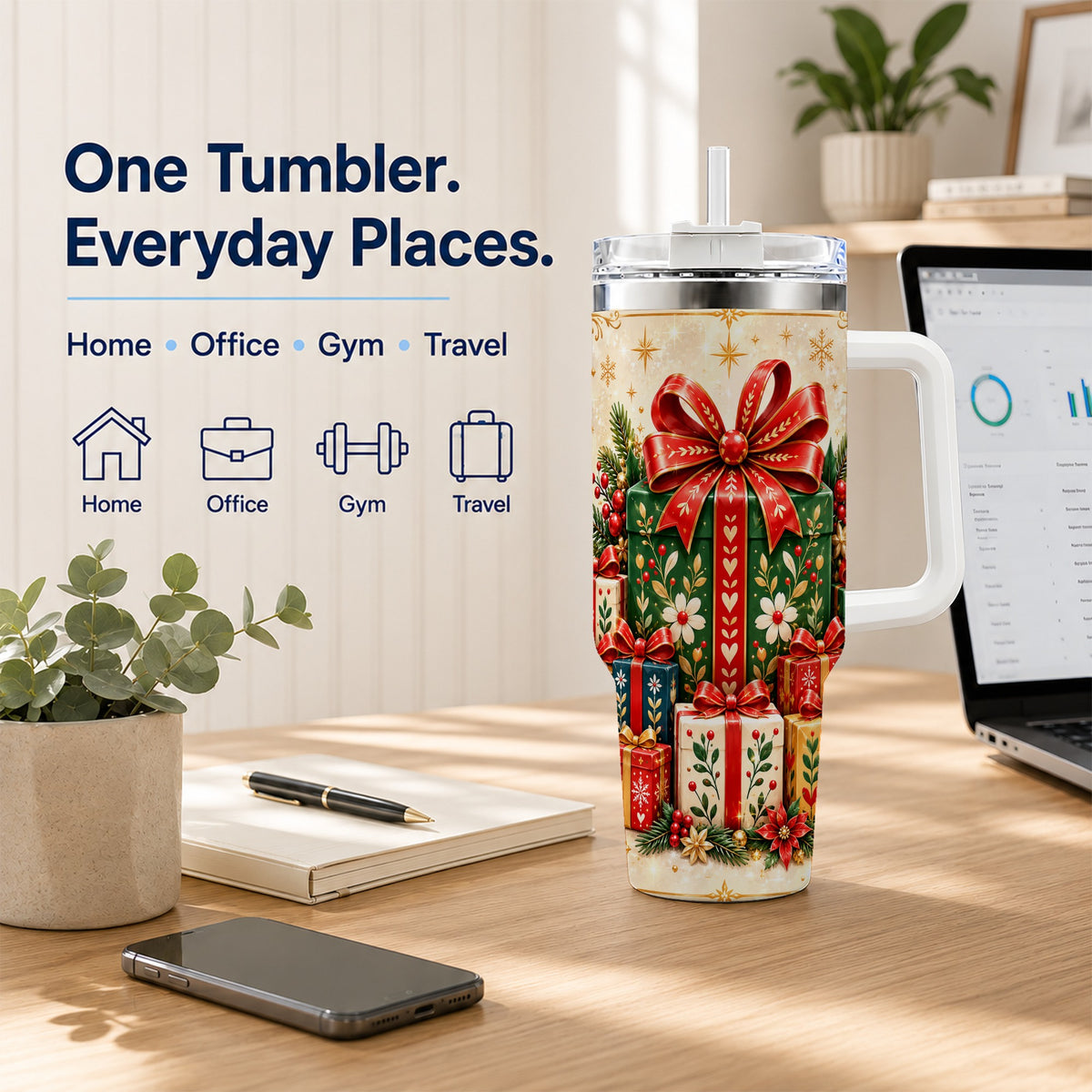 Present Stack Tumbler 40oz, Holiday Tumbler, Stainless Steel Travel Cup
