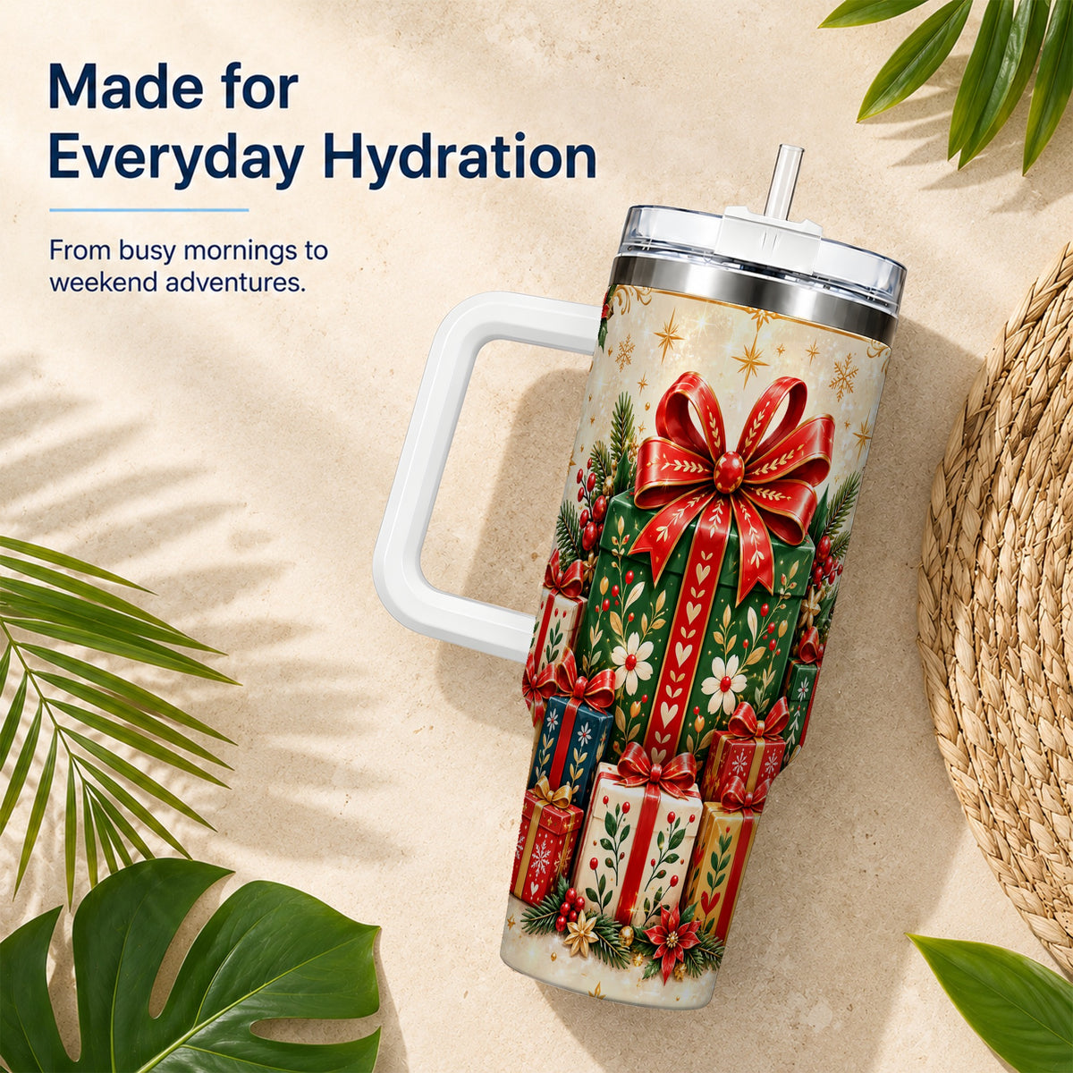 Present Stack Tumbler 40oz, Holiday Tumbler, Stainless Steel Travel Cup