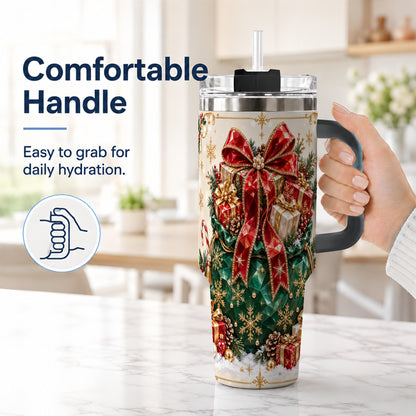 #pl[40oz|Black] Christmas Present Sack Tumbler 40oz, Holiday Bow Stainless Steel Travel Cup
