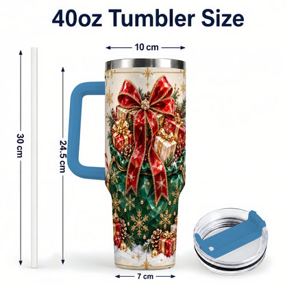 #pl[40oz|Blue] Christmas Present Sack Tumbler 40oz, Holiday Bow Stainless Steel Travel Cup
