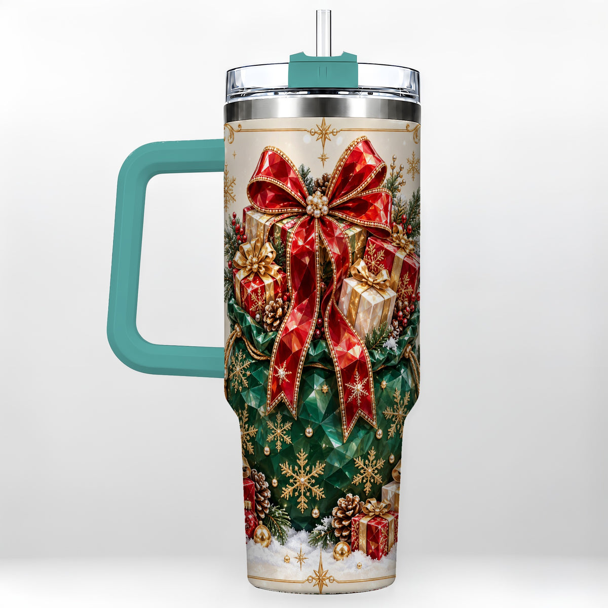 #pl[40oz|Green] Christmas Present Sack Tumbler 40oz, Holiday Bow Stainless Steel Travel Cup