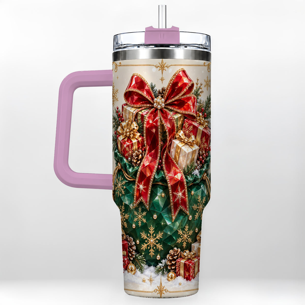 #pl[40oz|Pink] Christmas Present Sack Tumbler 40oz, Holiday Bow Stainless Steel Travel Cup