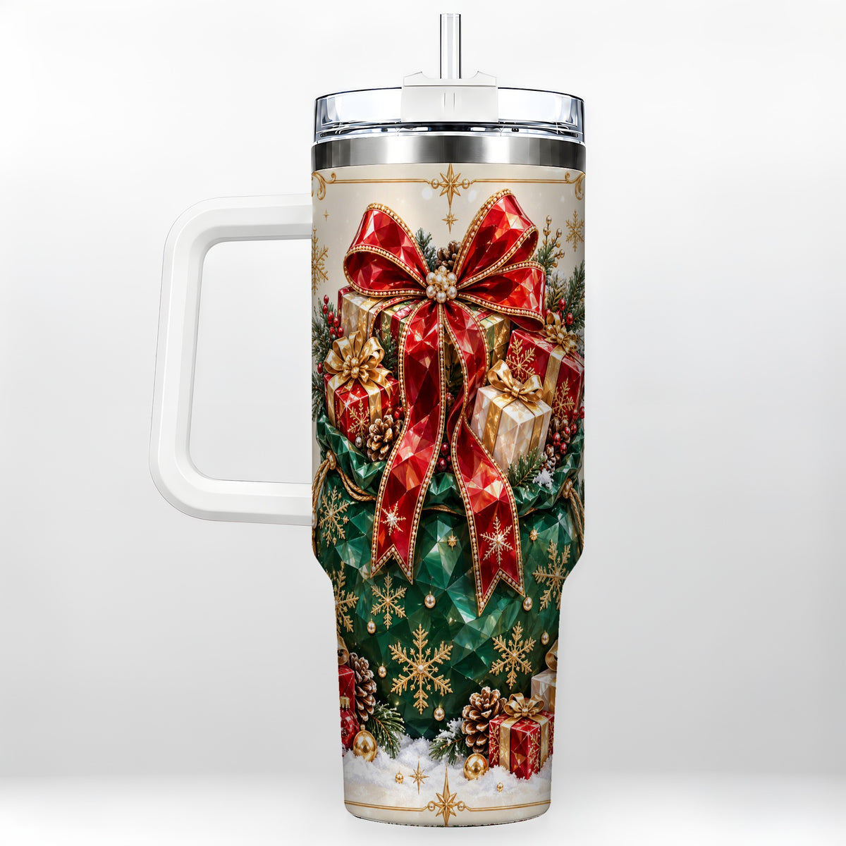 Christmas Present Sack Tumbler 40oz, Holiday Bow Stainless Steel Travel Cup